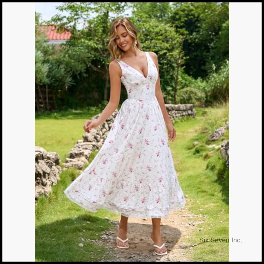 Floral Corset Midi Dress Lace V Neck A Line Sundress Wedding Guest - Picture 4 of 7